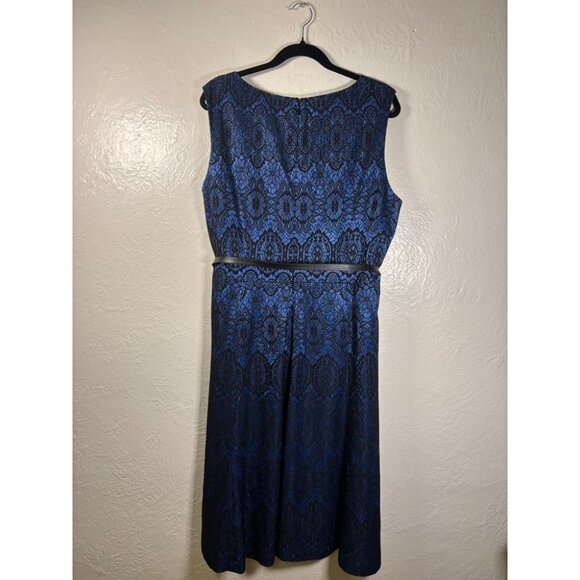 Jones New York Sz 18 Blue Dres w Black Lace Overlay, Lined Sleeveless Belt NYE - Picture 5 of 9